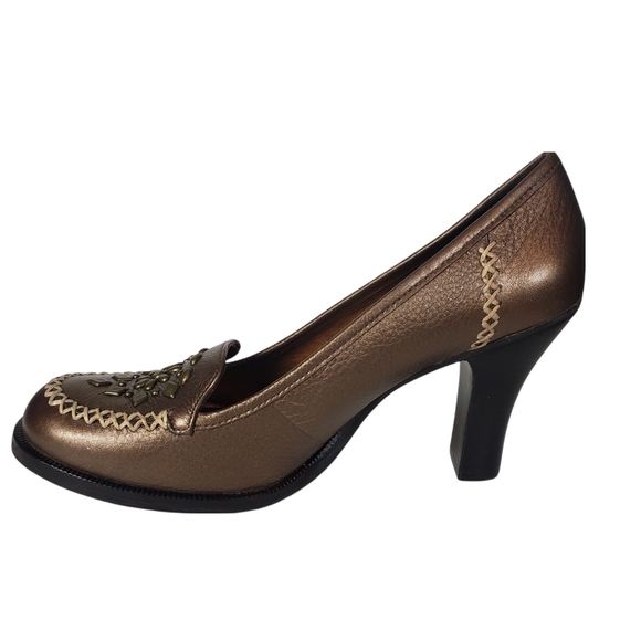 Gianni Bini Bronze Round Toe Block Heels Sz 8.5 Floral Contrast Stitch Workwear - Picture 3 of 12